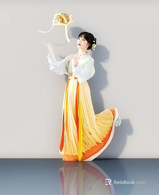Woman In Traditional Hanfu With Yellow And Orange Flowing Skirt And Hair Accessories 3d model 