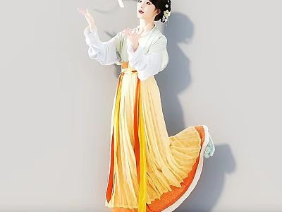 Woman In Traditional Hanfu With Yellow And Orange Flowing Skirt And Hair Accessories 3d model