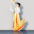 Woman In Traditional Hanfu With Yellow And Orange Flowing Skirt And Hair Accessories