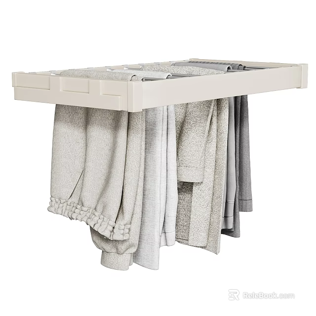 Light Colored Clothes on White Wall Mounted Hanger with Long Sleeve Tops and Pants 3d model 
