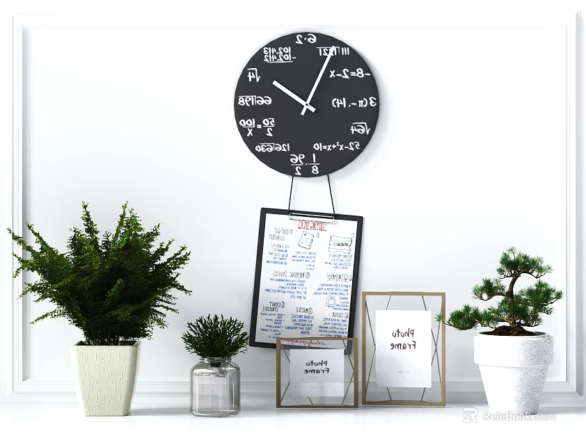 Bonsai And Potted Green Plants With White Pots Glass Container Wall Clock And Frames 3d model 