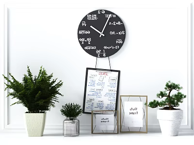 Bonsai And Potted Green Plants With White Pots Glass Container Wall Clock And Frames 3d model