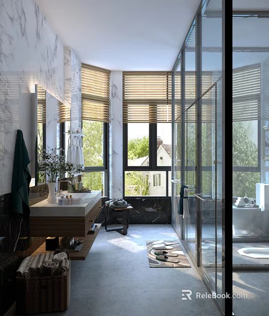 Bright Modern Luxury Bathroom With Large Windows Marble Walls And Sleek Glass Shower Enclosure 3d model 