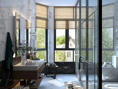 Bright Modern Luxury Bathroom With Large Windows Marble Walls And Sleek Glass Shower Enclosure 3d model