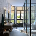 Bright Modern Luxury Bathroom With Large Windows Marble Walls And Sleek Glass Shower Enclosure