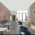 Bright Modern Café Interior with Wooden Walls Bookshelves Cartoon Decor and Colorful Seating