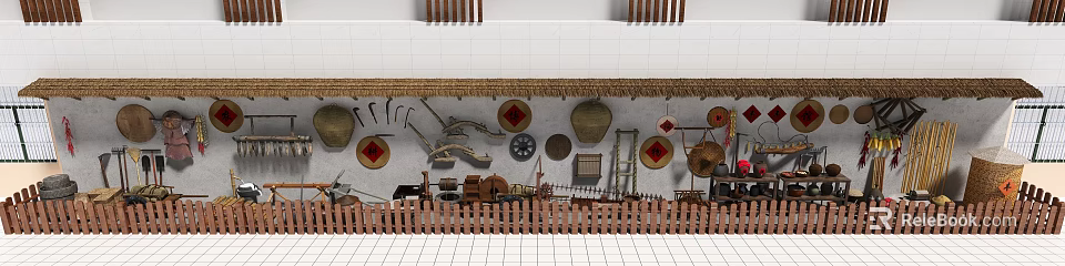 Rustic Background Wall With Vintage Farm Tools Straw Hats Red Patterns And Thatch Trim 3d model 