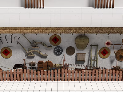 Rustic Background Wall With Vintage Farm Tools Straw Hats Red Patterns And Thatch Trim 3d model