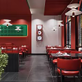 Modern Restaurant Interior With Red Walls Red Chairs Open Counter And Food Displays