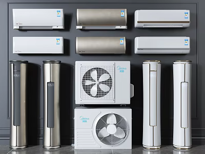 Various Styles of Air Conditioner Fan Including Wall Mounted and Standing Units 3d model