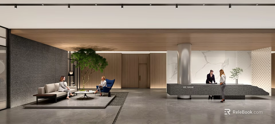 Modern Reception Area With Wooden Walls Marble Front Desk Green Plant And Waiting Sofa 3d model 