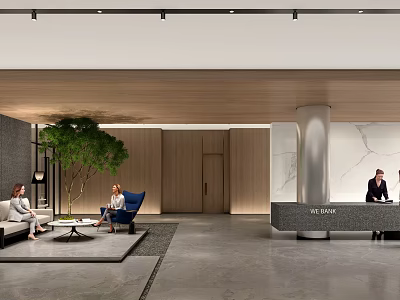 Modern Reception Area With Wooden Walls Marble Front Desk Green Plant And Waiting Sofa 3d model