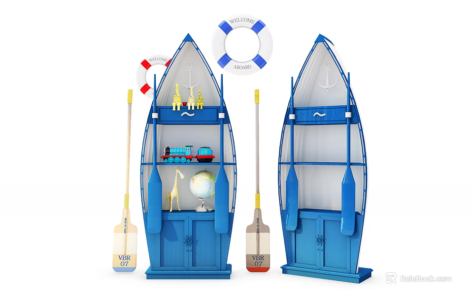 Blue Boat Shaped Storage Shelves with Multiple Compartments for Toys and Decorative Paddles Lifebuoy 3d model 