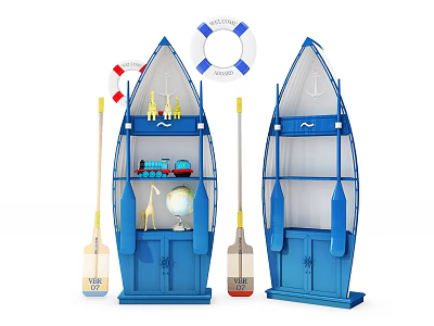 Blue Boat Shaped Storage Shelves with Multiple Compartments for Toys and Decorative Paddles Lifebuoy 3d model