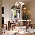 Cozy French Style Dining and Living Room With Elegant Vintage Wooden Chairs and Arched Window