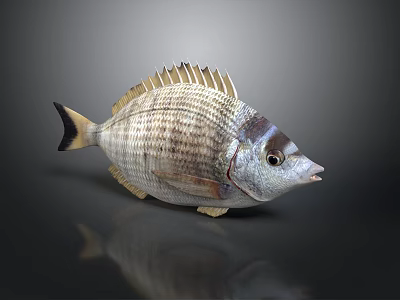 Striped Gray And White Aquatic Fish With Dorsal Fin Large Eyes And Slightly Open Mouth 3d model