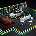 Modern Lynk & Co Car Showroom Featuring Three Vehicles Display Stand And Seating Tables
