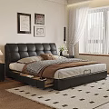 Black Leather Double Bed With Upholstered Headboard Storage Drawers Nightstands And Wall Art