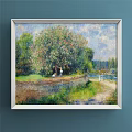Scenic Landscape Painting Featuring Green Meadow Yellow Flower Field and Distant Cottages Under Blue Sky
