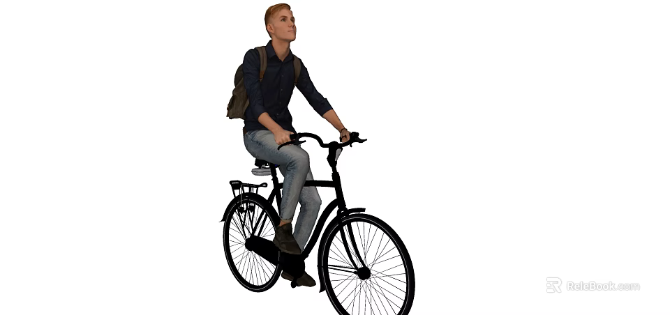 Man In Dark Shirt And Jeans Riding Black Bicycle With Backpack 3d model 