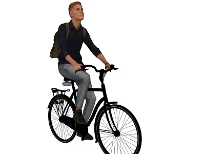 Man In Dark Shirt And Jeans Riding Black Bicycle With Backpack 3d model