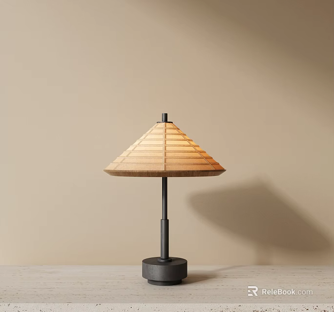 Bamboo Woven Conical Table Lamp With Black Pole Round Base Beige Wall Light Colored Tabletop 3d model