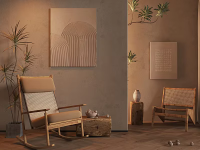 Cozy Leisure Chairs Rocking And Wicker Style Palm Plants Wooden Floor Wall Artworks Decorative Vases 3d model