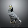 White Cockatoo Statue With Yellow Crest And Black Beak Perched On Tree Stump Base