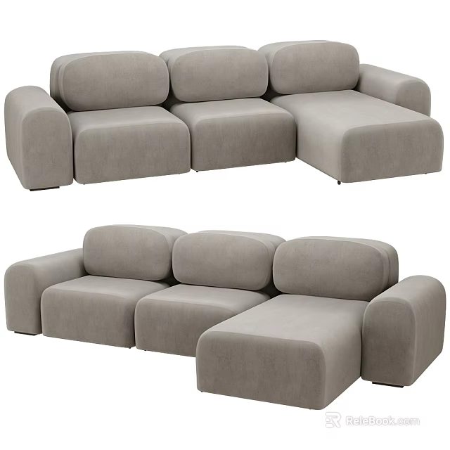Modern Gray Modular Sectional Sofa With Velvet Upholstery Rounded Arms Plush Cushions 3d model 