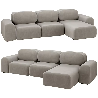 Modern Gray Modular Sectional Sofa With Velvet Upholstery Rounded Arms Plush Cushions 3d model