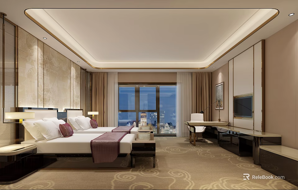 Hotel Guest Room Interior With Twin Beds Large Window Scenic View And Modern Decor 3d model 