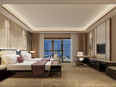 Hotel Guest Room Interior With Twin Beds Large Window Scenic View And Modern Decor 3d model