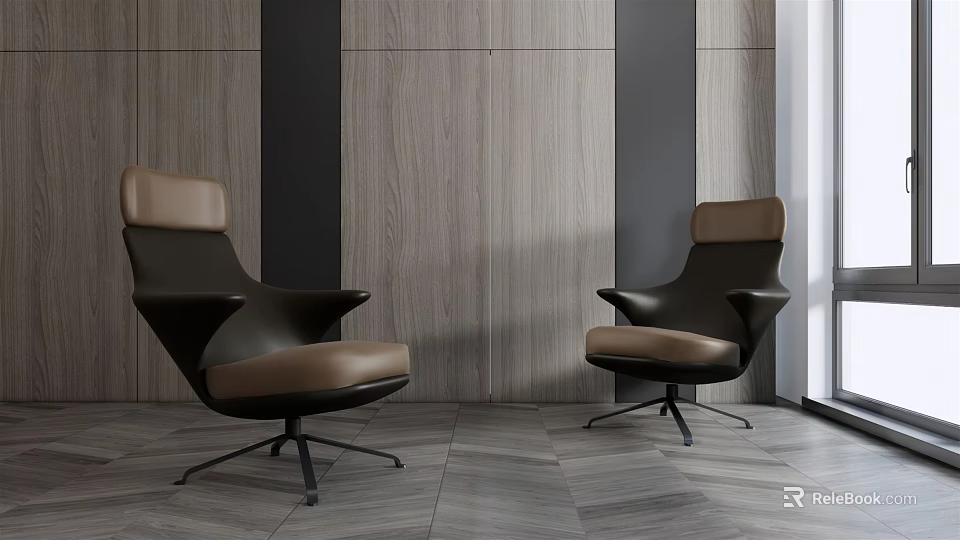 Two Modern Office Chairs With Brown Leather Seats And Black Metal Bases 3d model 