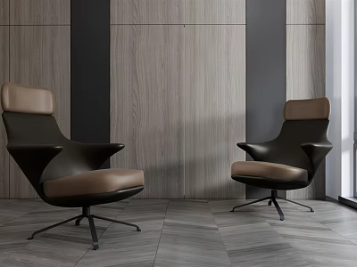 Two Modern Office Chairs With Brown Leather Seats And Black Metal Bases 3d model