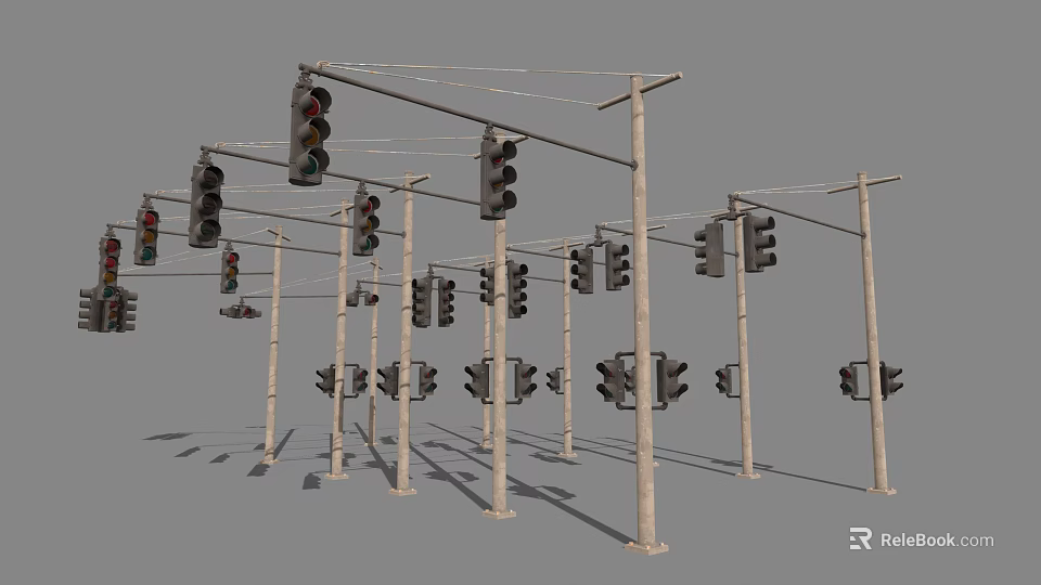 Industrial Traffic Lights Mounted On Multiple Metal Poles For Urban Road Networks 3d model 