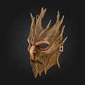 Handcrafted Wooden Mask With Bark Like Texture And Facial Features On Black Background