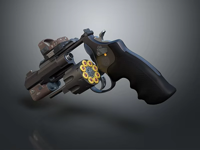 Modern Tactical Revolver with Scope Exposed Cylinder Black Grip and Ammunition Rounds 3d model