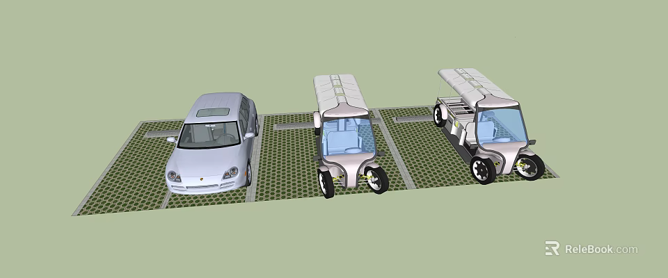 Three Different Types of Cars Parked on Grid Patterned Ground Surface 3d model 