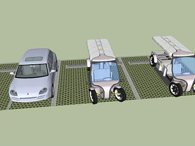 Three Different Types of Cars Parked on Grid Patterned Ground Surface 3d model