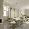 Modern Living And Dining Room With White Sofa Green Cushions Round Coffee Table And Chandelier