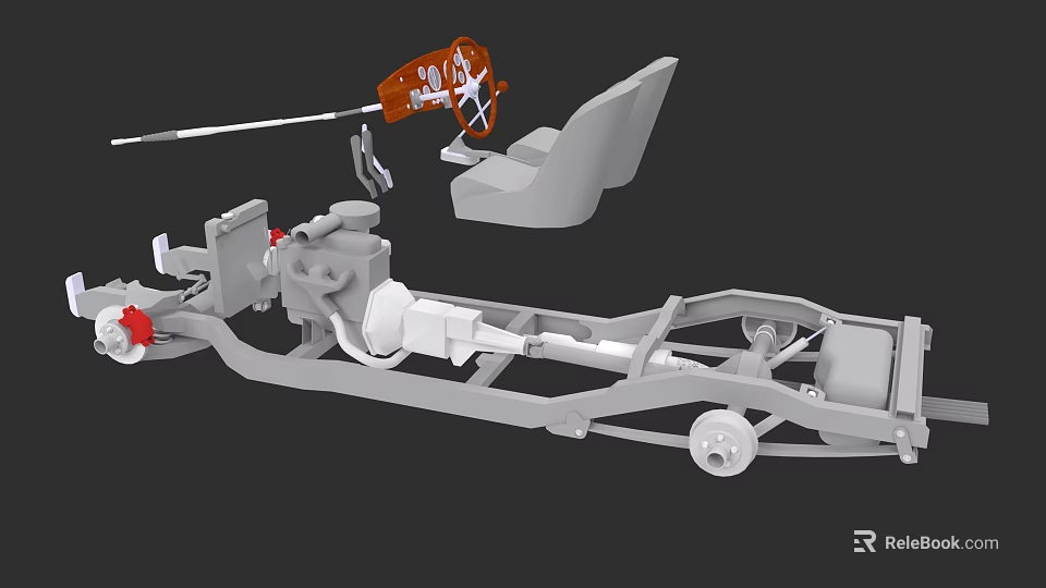 Detailed Car Chassis Structure With Seats Steering Wheel And Component Parts 3d model 