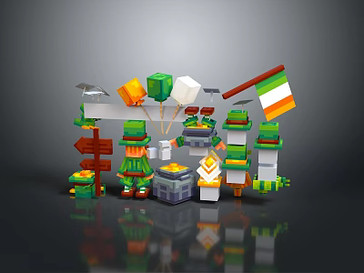 Vibrant Building Blocks Scene With Green Hat Character Balloons Irish Flag And Treasure Chest 3d model