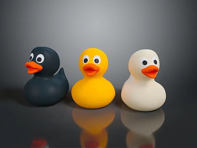 Rubber Ducks Black Yellow And White On Smooth Black Surface With Reflections 3d model