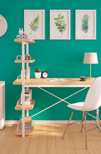 Cozy Teal Wall Desk Setup With Fern Art Prints Table Lamp And White Chair 3d model
