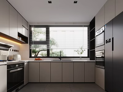Modern Kitchen Design With Gray White Cabinets Countertop Appliances And Natural Light 3d model