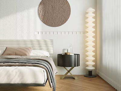 Modern Bedroom Nightstand With Black Tabletop Gold Legs And Decor Items Near White Floor Lamp 3d model