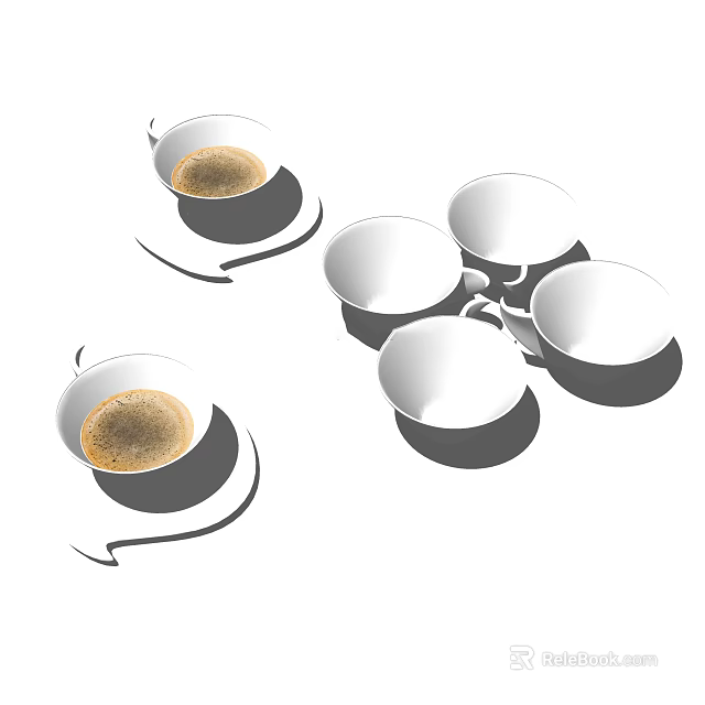 Ceramic Tableware Set Including White Coffee Cups And Empty Bowls 3d model