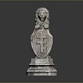 Decorative Stone Lion Statue Standing On Pedestal Holding Shield With Symbol