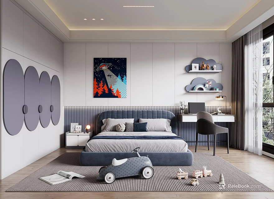 Modern Kids Room Interior With Bed Toy Car Cloud Shelves Decorative Painting And Rug 3d model 