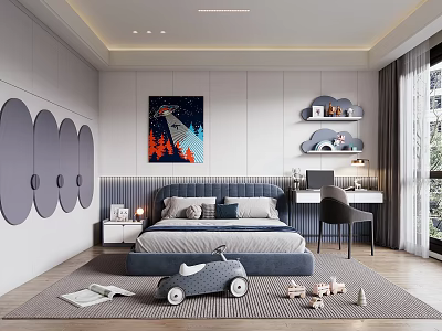 Modern Kids Room Interior With Bed Toy Car Cloud Shelves Decorative Painting And Rug 3d model